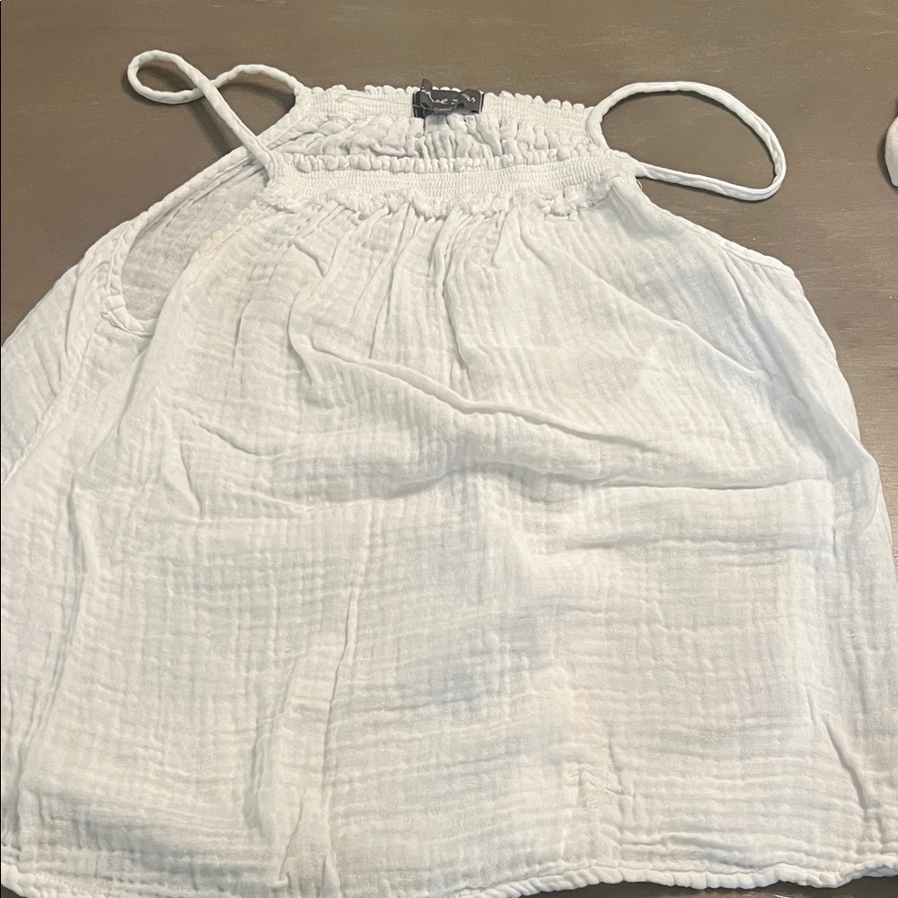 Michael Stars White Gauze Halter Top with Embroidered Label